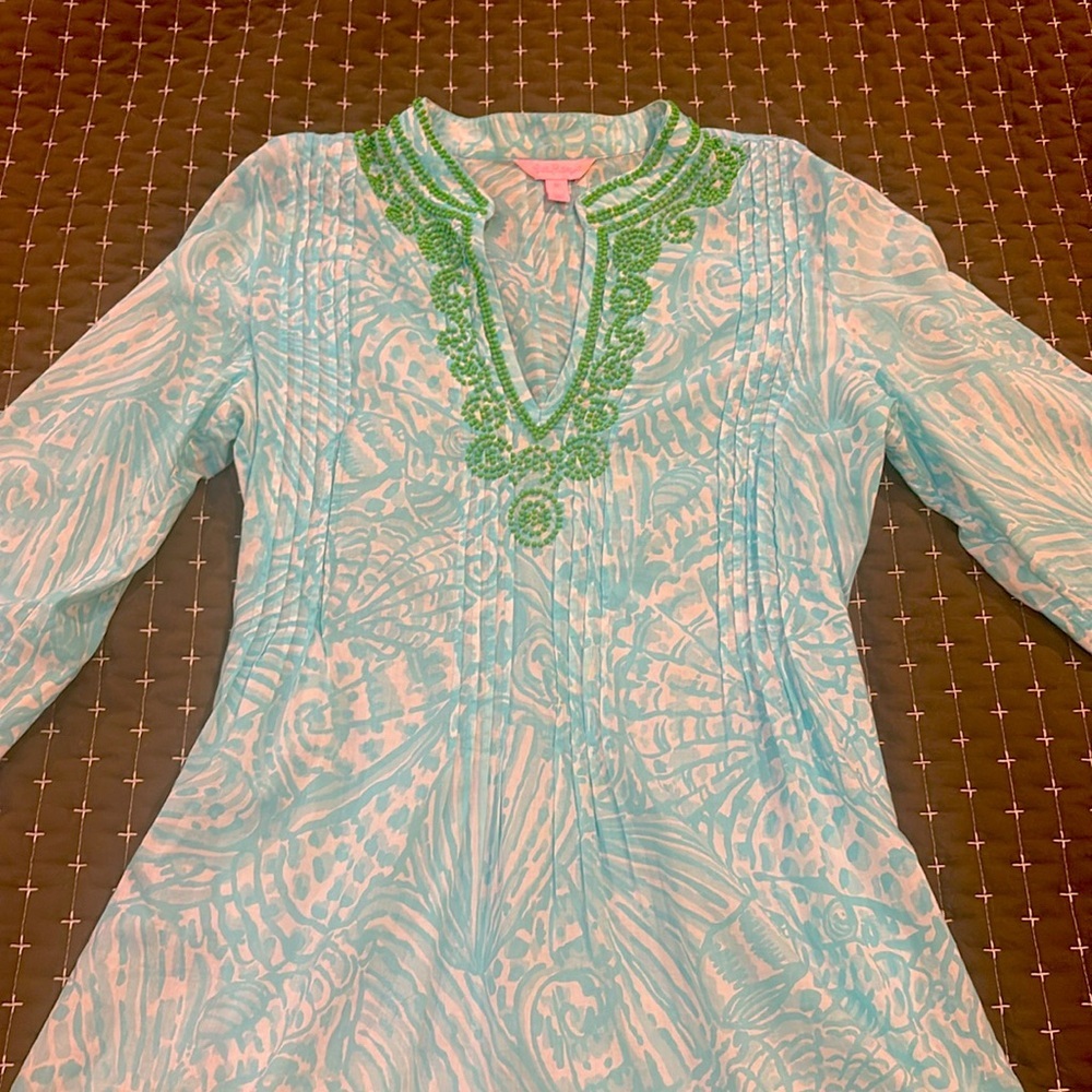 Lilly Pulitzer Aqua and White Coverup Tunic, Size M